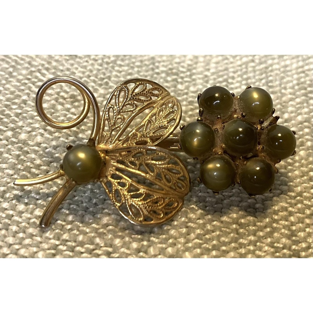 Vintage Butterfly Flower Brooch Gold Tone Green Cats Eye Cabochon Filigree Pin